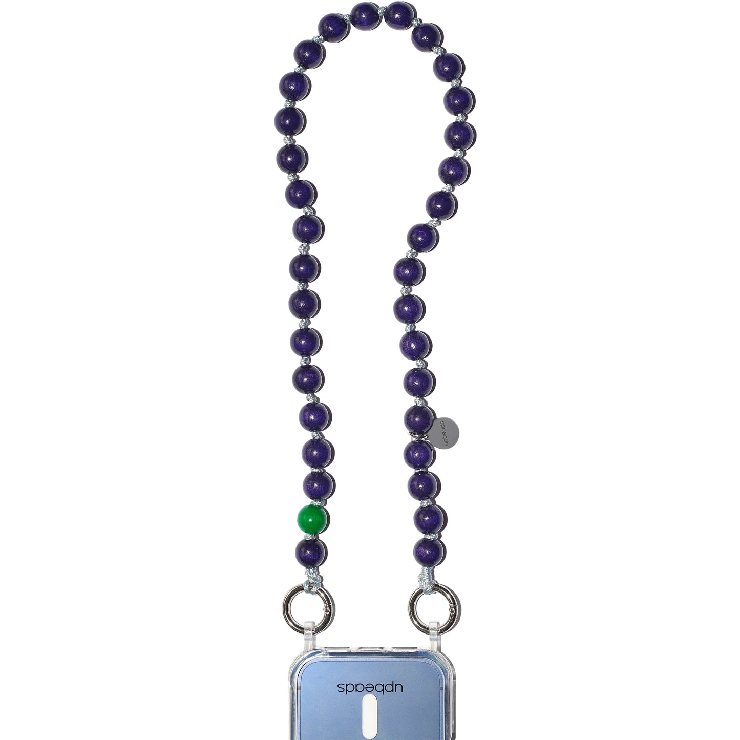 upbeads shortie Plum dunkellila Holzperlen, graues Band und grüner Signatur Holzperle als Handykette