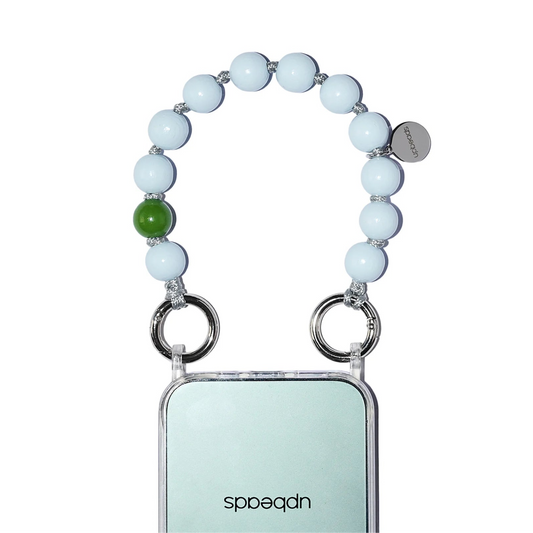 cloudy pastel light blue with olive signature bead