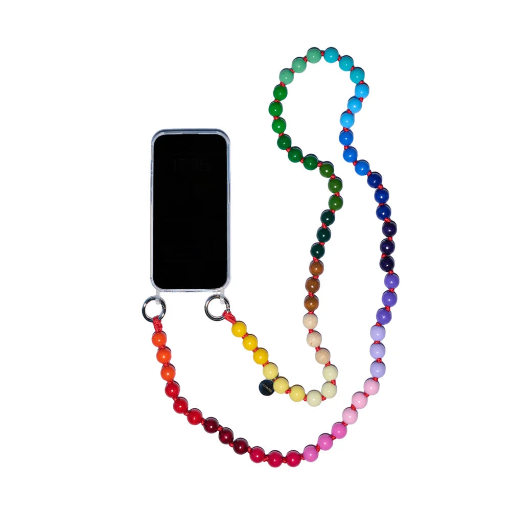 rainbow upbeads colorful cellphone chain attached to a cellphone case with rings