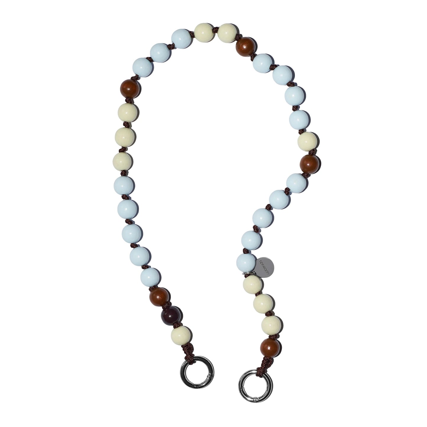 vanilla bean shortie 60cm light blue, creme white brown wooden beads on light background