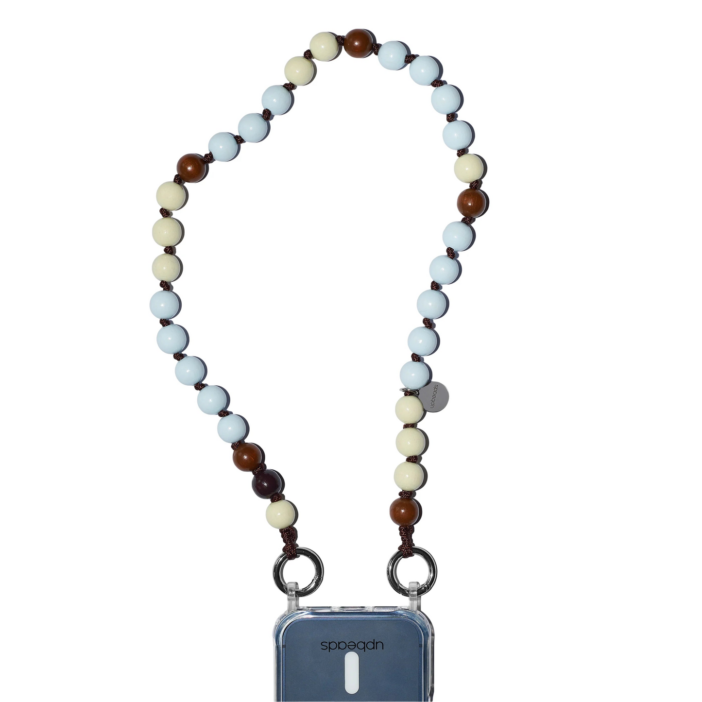 Beaded phone lanyard with a clear pouch featuring upbeads Vanilla Bean Shortie on a white background