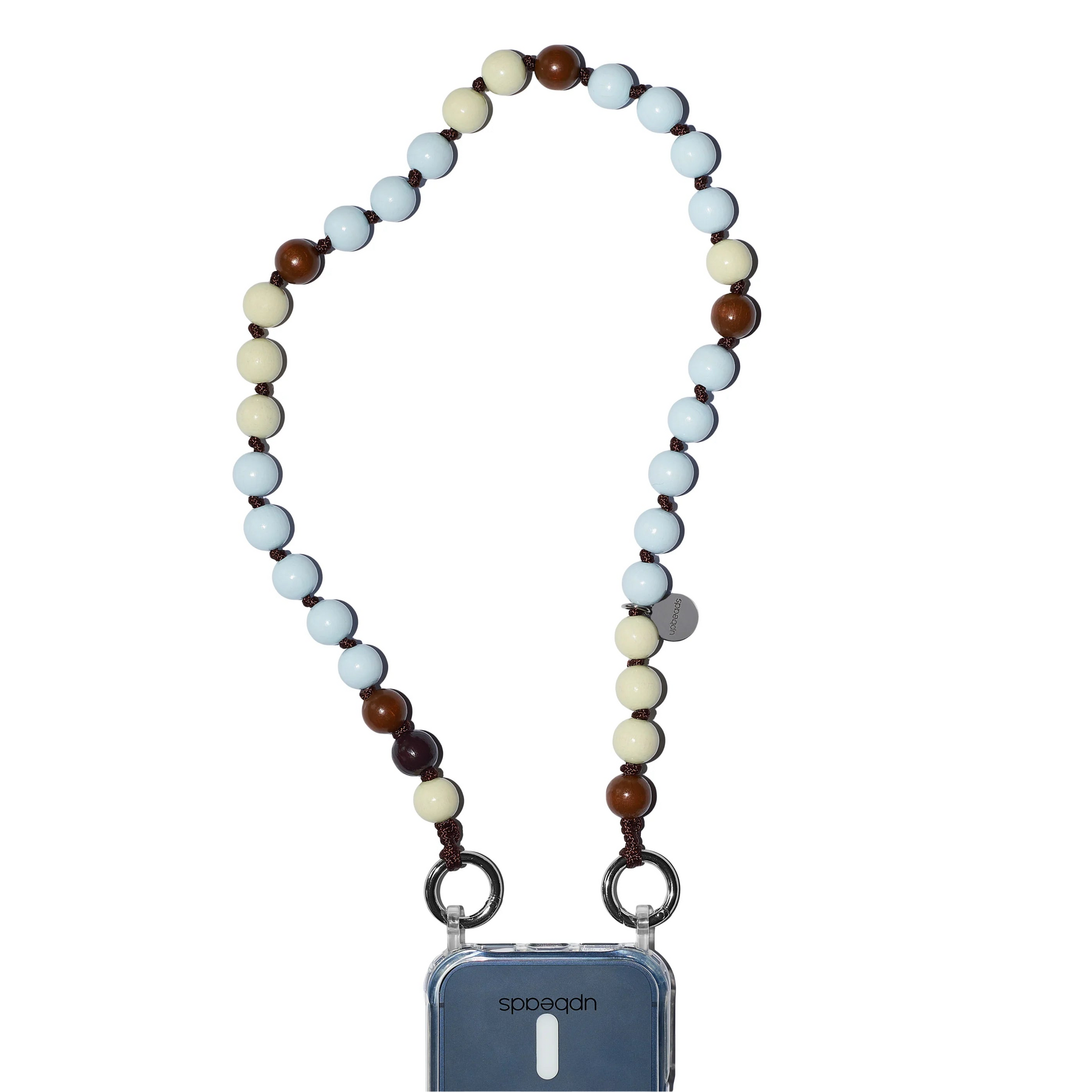 Beaded phone lanyard with a clear pouch featuring upbeads Vanilla Bean Shortie on a white background