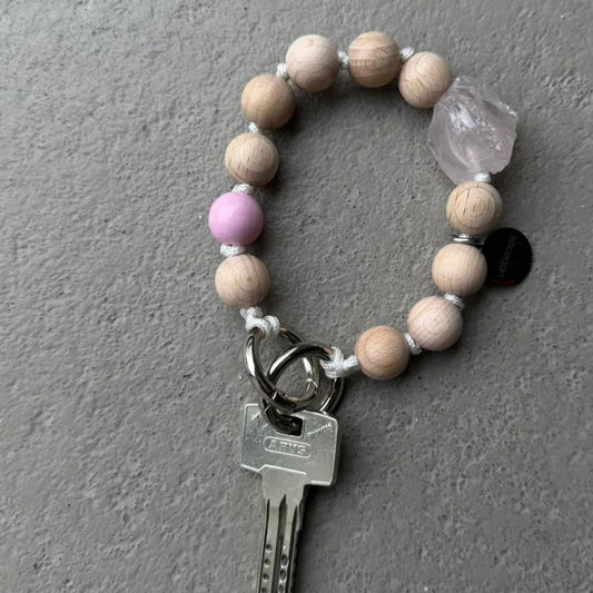 natural wooden beads with rose quarz crystal mini as keychain