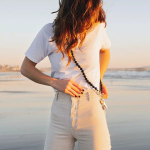 NIGHTSHIFT cell phone chain CROSSBODY UPBEADS worn by model in LA beach