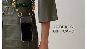 Women wears upbeads woody junglebeads as crossbody in green and natural wooden beads gift card