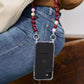 model wears around her shoulder an Autumn upbeads cellphone chain attached to it a cellphone case with rings
