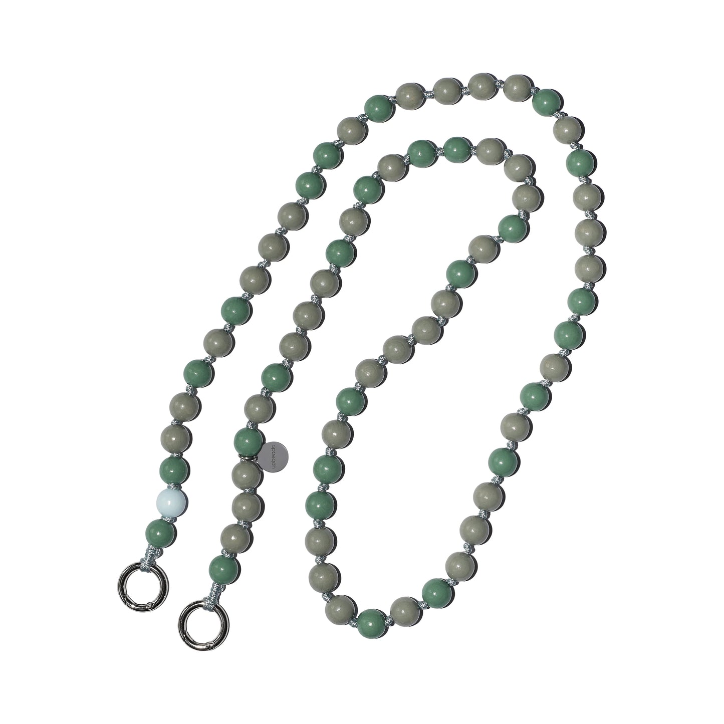 Sage green and grey wooden bead phone chain MOSSY with a pastel blue signature bead on a durable grey cord, handcrafted in Germany from sustainable wood.