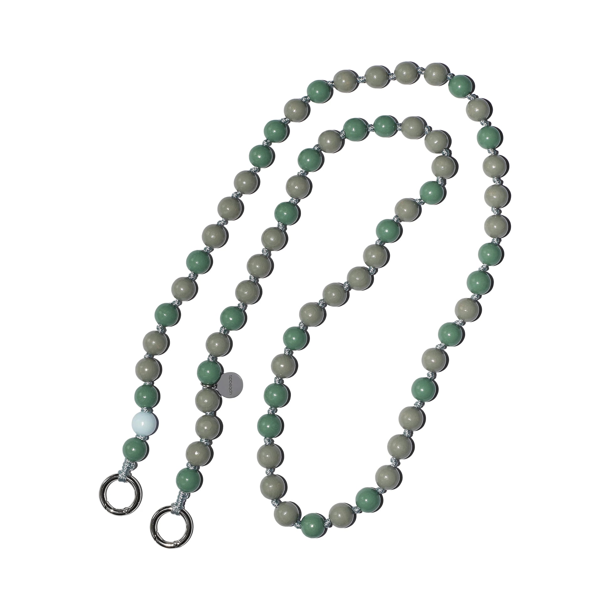 Sage green and grey wooden bead phone chain MOSSY with a pastel blue signature bead on a durable grey cord, handcrafted in Germany from sustainable wood.