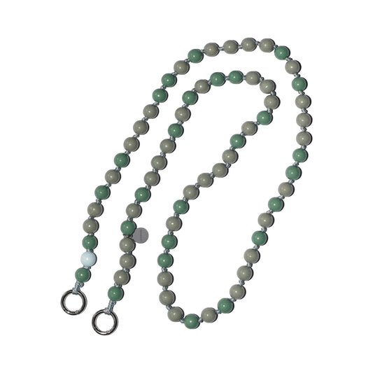 Sage green and grey wooden bead phone chain MOSSY with a pastel blue signature bead on a durable grey cord, handcrafted in Germany from sustainable wood.