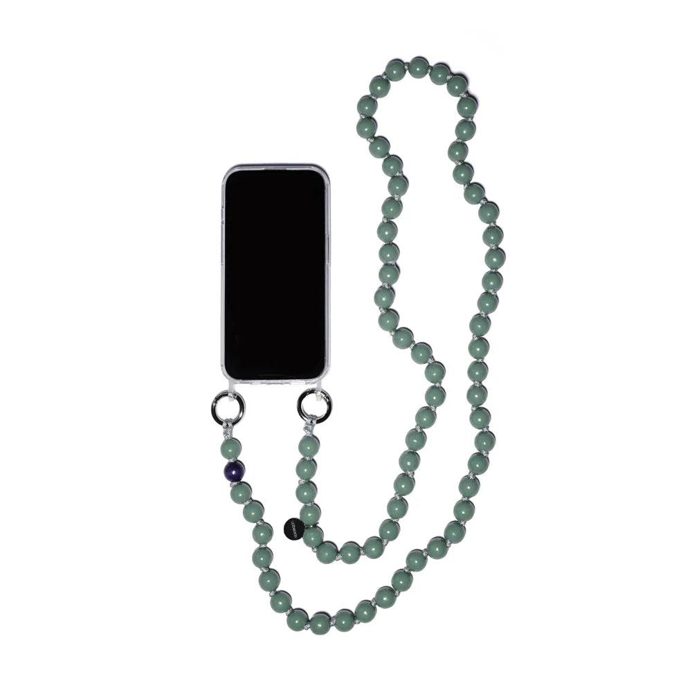 upbeads crossbody sage green wooden beads cellphone chain attached to cellphone case with rings