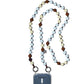 Multicolored light blue, creme white, brown beaded crossbody clicked in a phone case on a white background