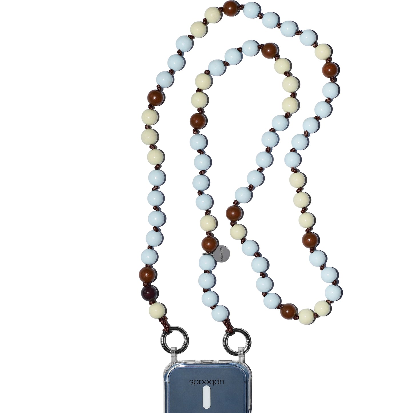 Multicolored light blue, creme white, brown beaded crossbody clicked in a phone case on a white background