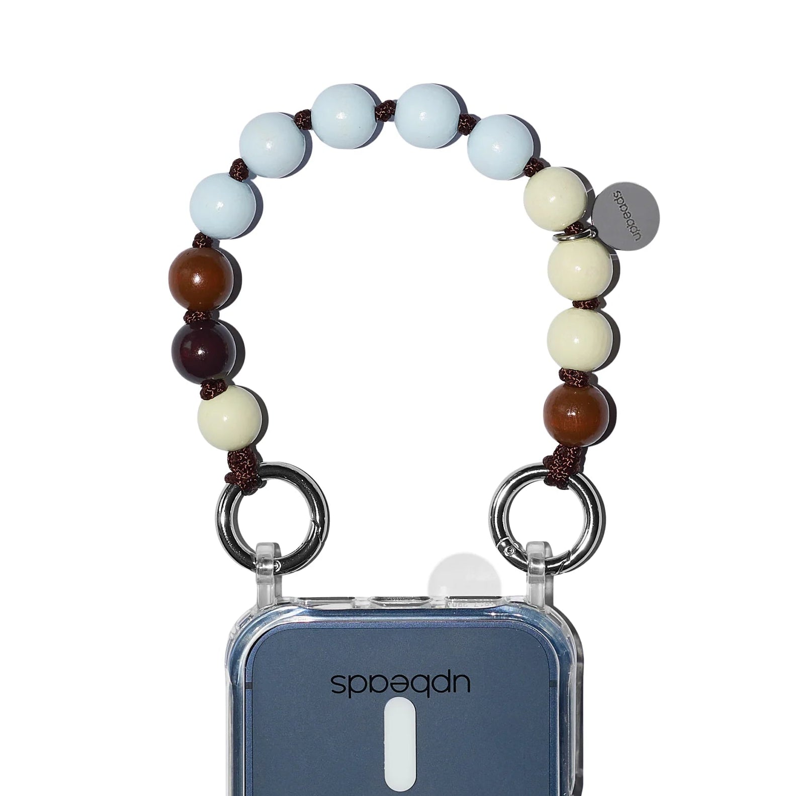 Phone case with eyelets on a Vanilla Bean Mini upbeads wooden beaded strap on a white background