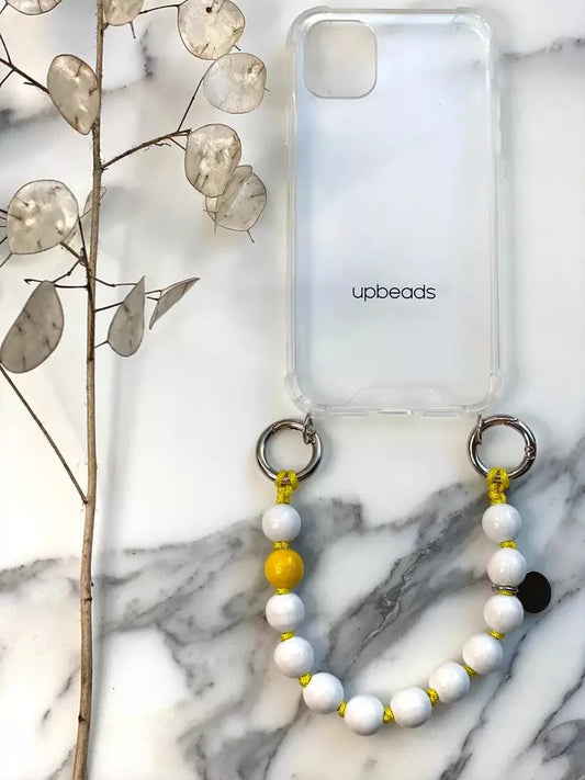 LAVAN YELLOW MINI PENDANT MINI UPBEADS on white marble with phone case