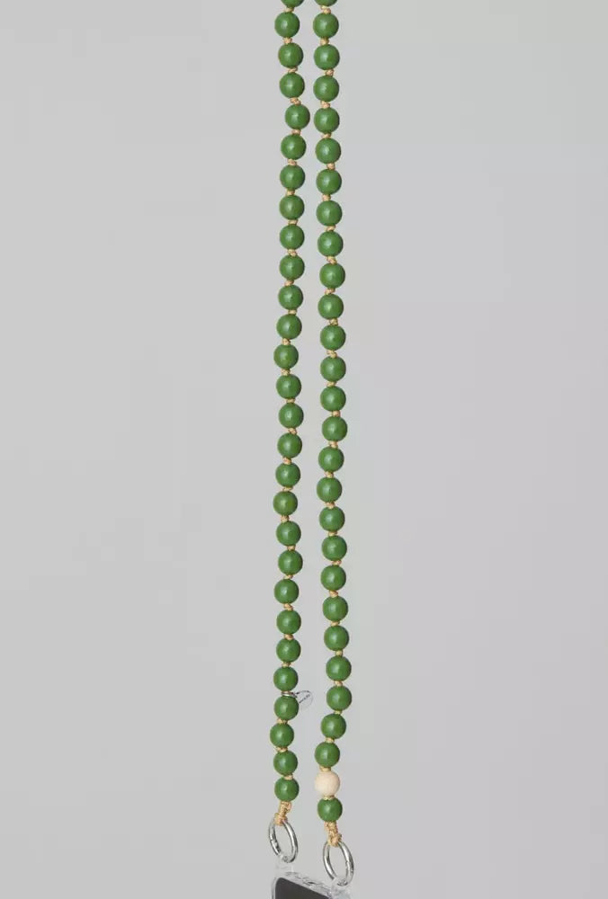 close up upbeads cellphone chain on white background beads are made of sustainable wood beads nontoxic coloring attached to a cellphone case with rings to use as a crossbody chain around your body