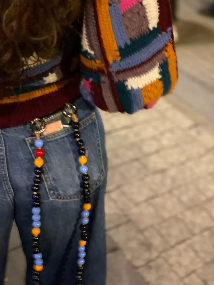 FOOFI cell phone chain CROSSBODY UPBEADS worn in jeans pocket dangling down colourful accessory